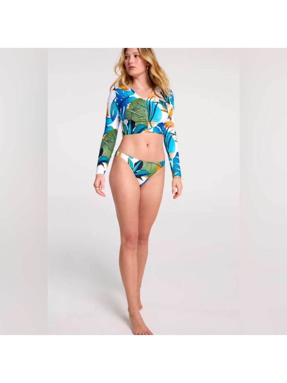 Calia Botanical Print White Ruched Rash guard Size Large